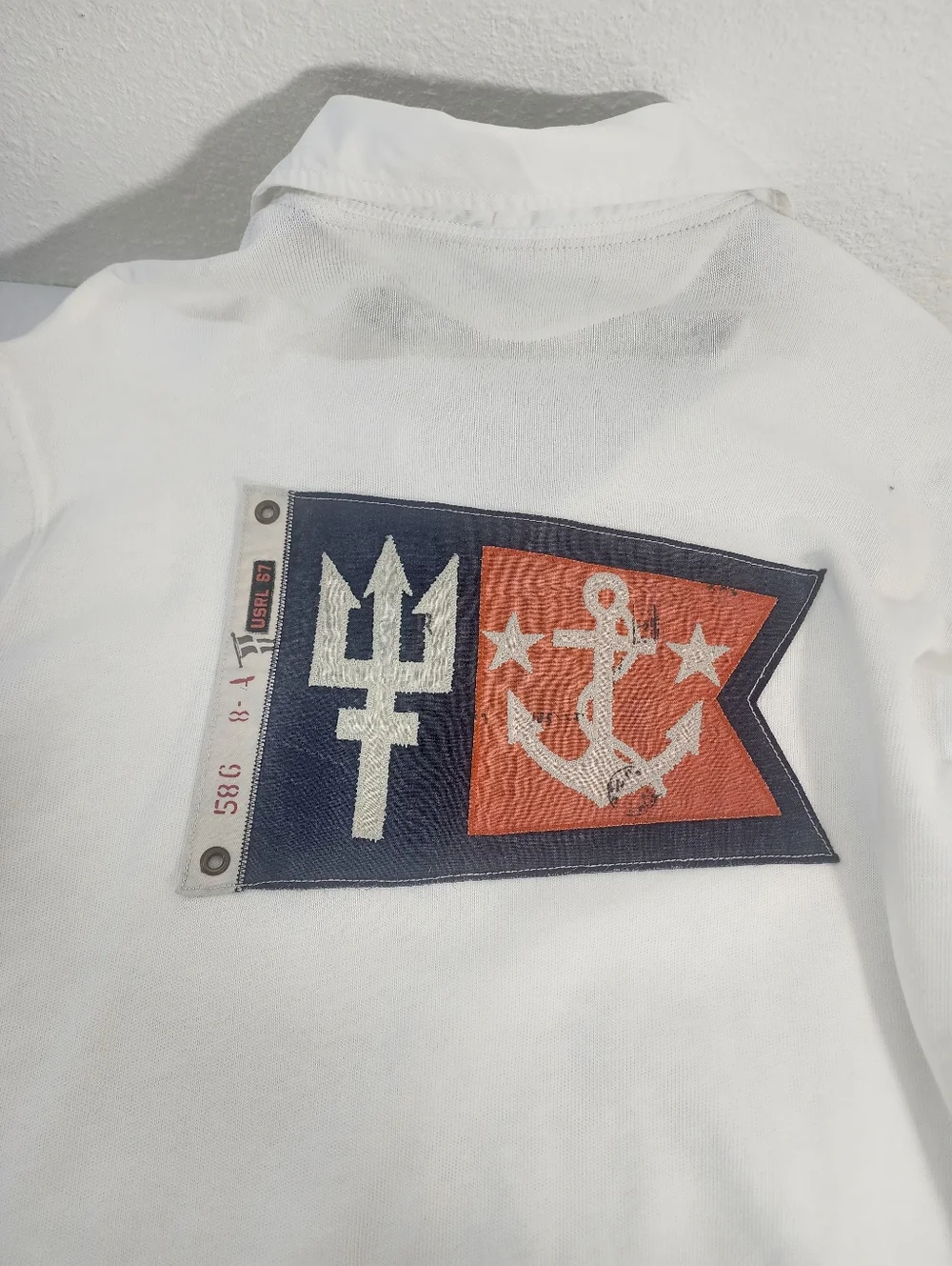 Ralph Lauren Men Vintage Naval Patch Polo Shirt White Long Sleeve Custom Fit L